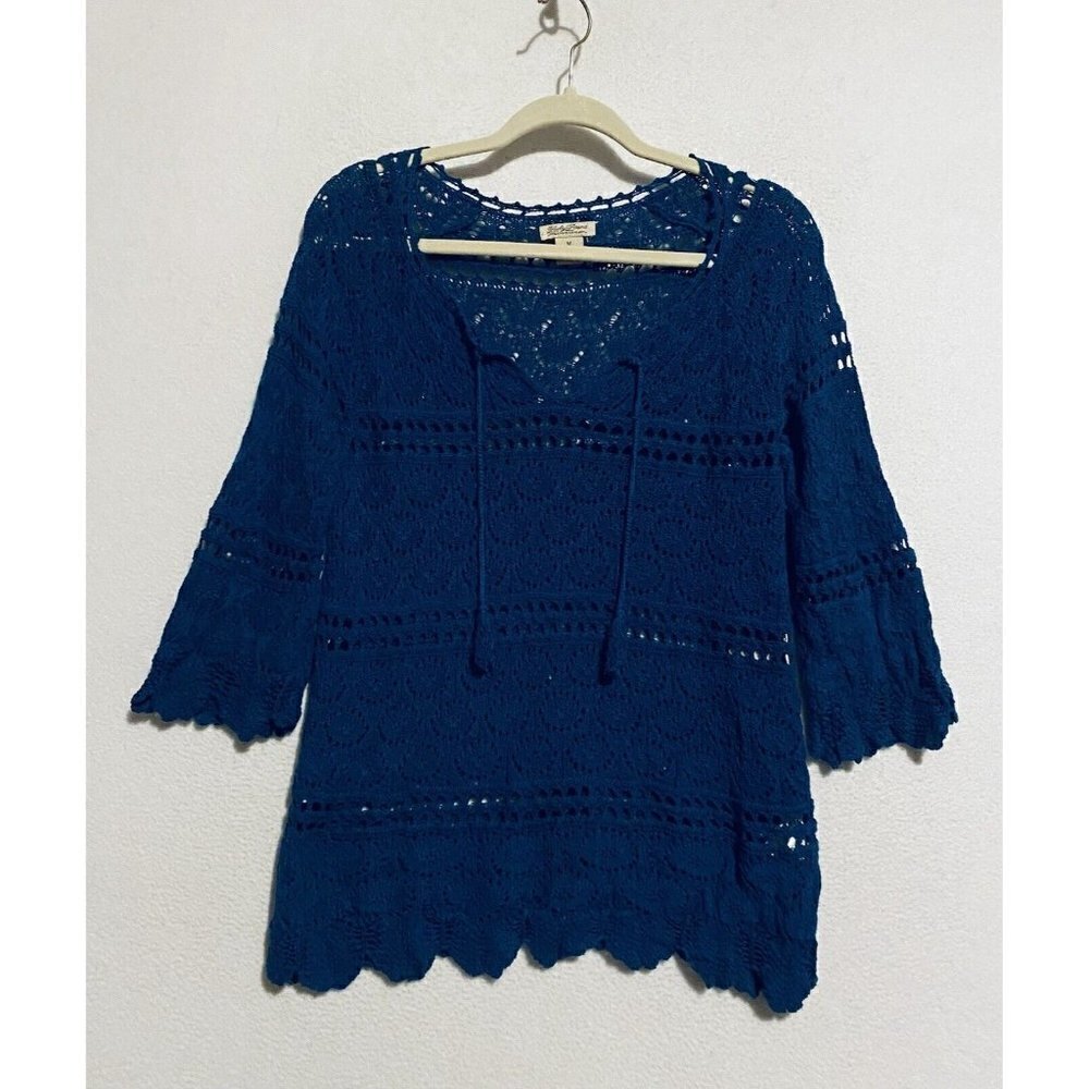 Lucky Brand Sweater Womens Medium Crochet Open Knit 3/4 Sleeve Tassel Tie Boho - Picture 2 of 9